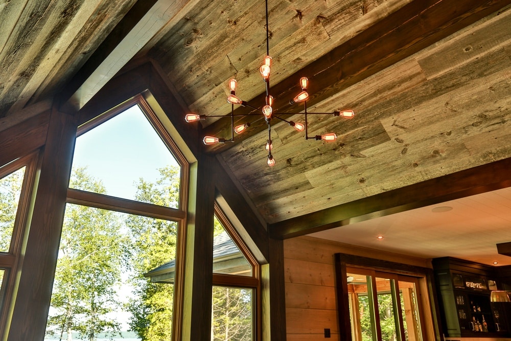 timber construction cathedral ceiling interior of cottage