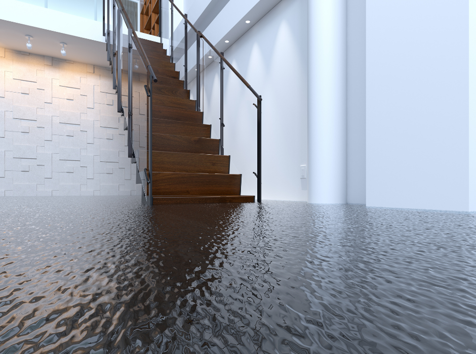 Floodwater covering the floor of a modern home interior at the base of a wooden staircase, needing flood repair.