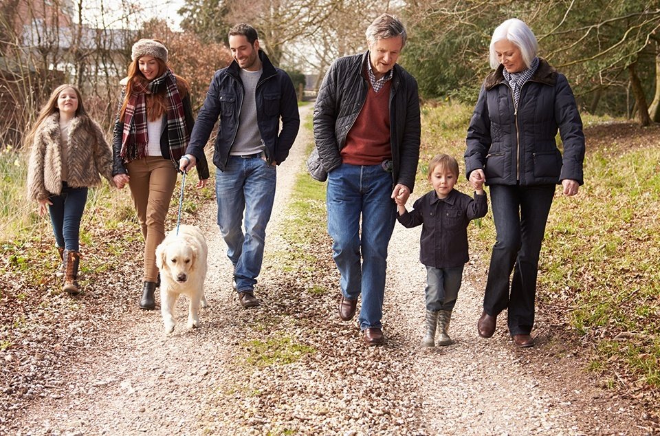 multi-generational family walking on an unpaved path