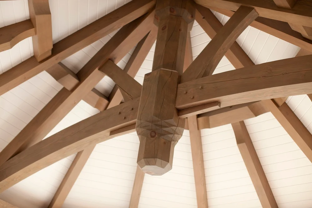 Detail view of timber beams prominent throughout the home.