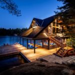 A luxurious custom boathouse at dusk, featuring a two-level design with large windows, natural stone accents, and wood siding. The structure extends over the water with integrated boat slips below and a spacious wraparound dock above, lined with Adirondack chairs. Surrounded by pine trees and lit with warm, ambient lighting, the boathouse sits on a quiet lake in Ontario’s Cottage Country.